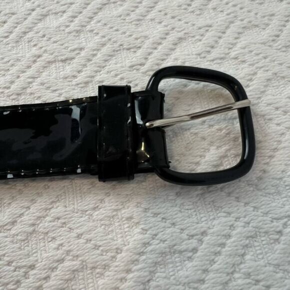 Vintage Faux Patent Leather Black Shiny Slim Waist Belt 80s Retro Whimsigoth - Picture 8 of 15